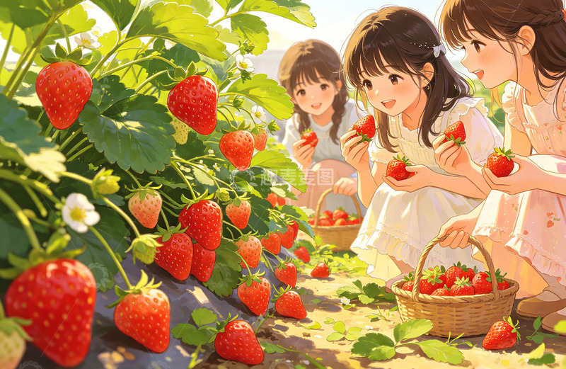 高清大图下载【趣麦麦图】田园风草莓采摘插画
