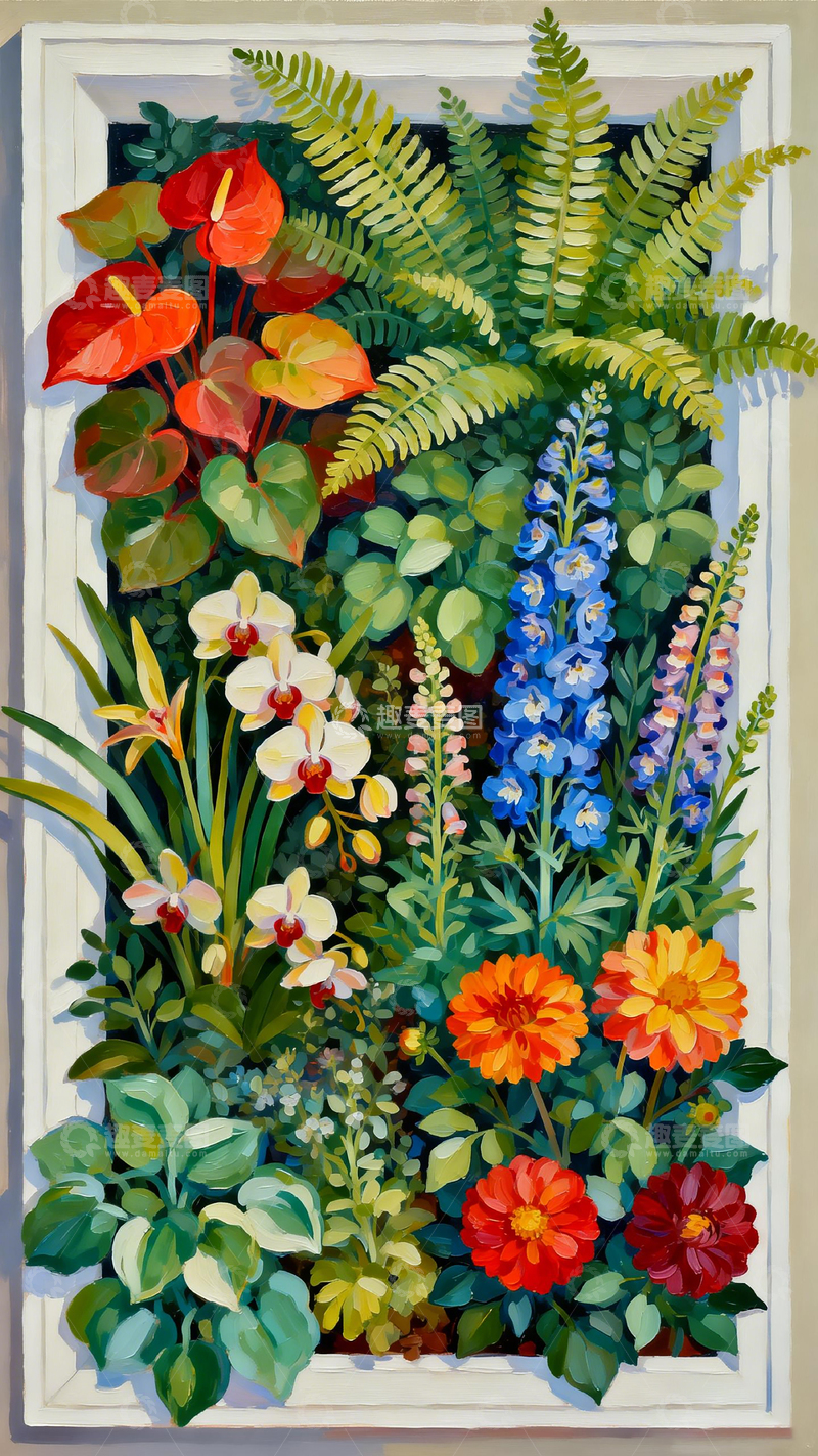 高清大图下载【趣麦麦图】-油画风格花园植物装饰画