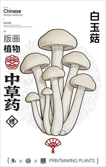白玉菇中草药版画设计素材