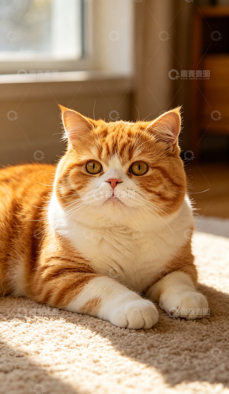高清大图下载【趣麦麦图】阳光橘猫地毯悠闲卧