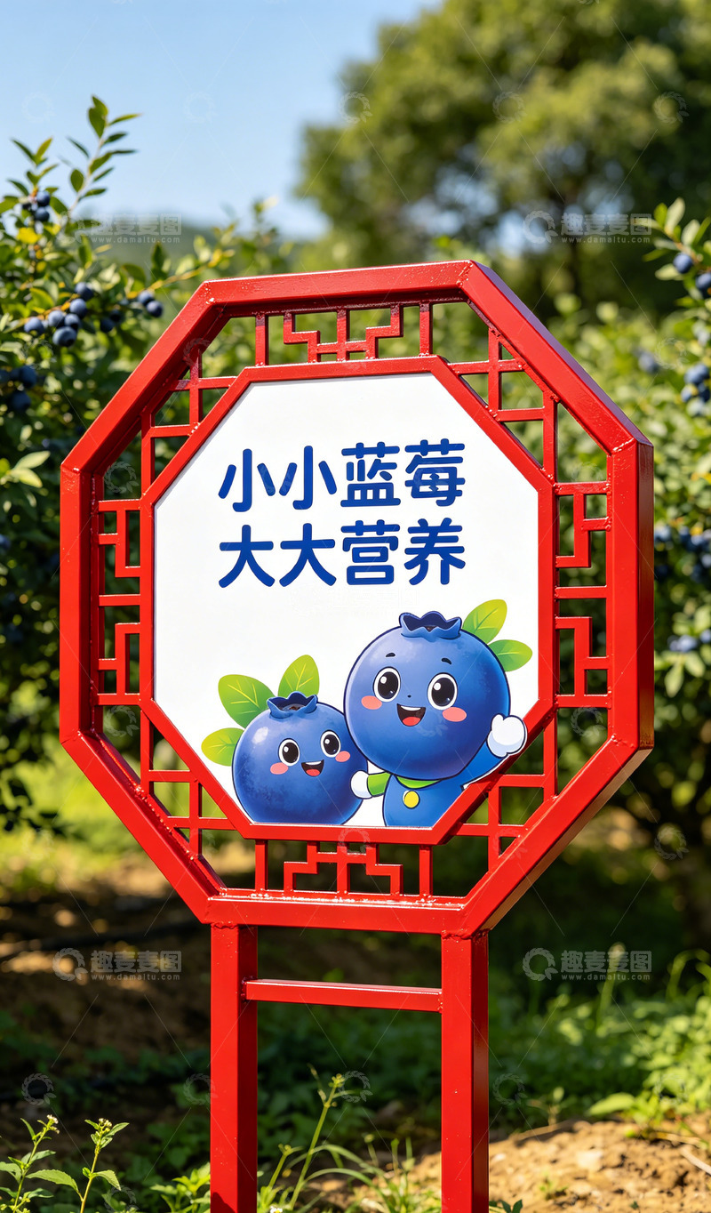 高清大图下载【趣麦麦图】蓝莓园宣传牌卡通插画景观标识牌设计