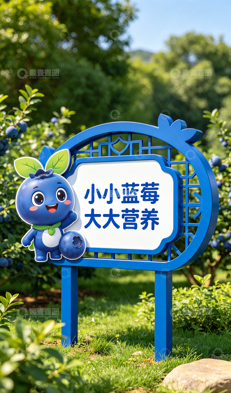 高清大图下载【趣麦麦图】蓝莓园宣传牌卡通插画景观标识牌设计