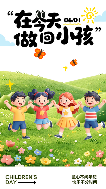 卡通儿童节草地欢乐场景