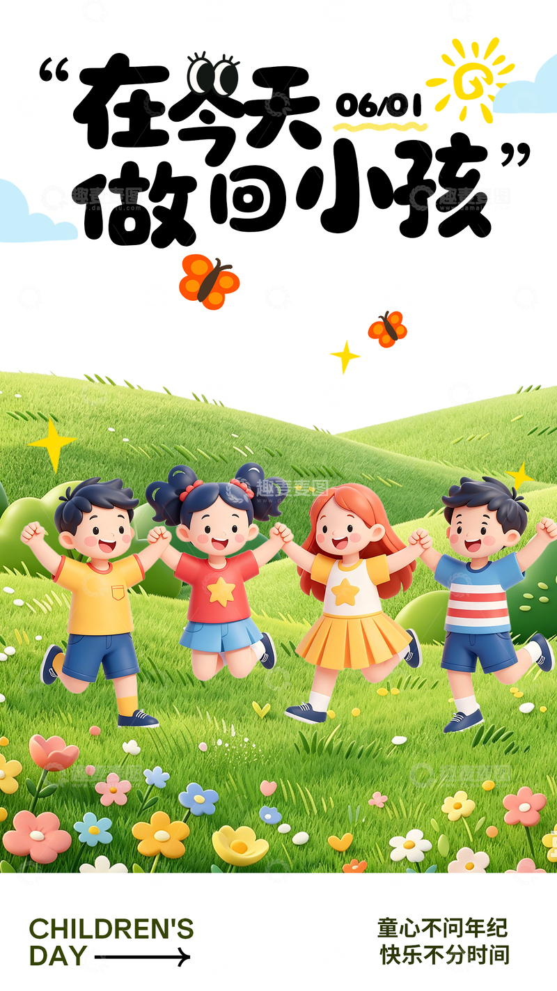 源文件下载【趣麦麦图】卡通儿童节草地欢乐场景
