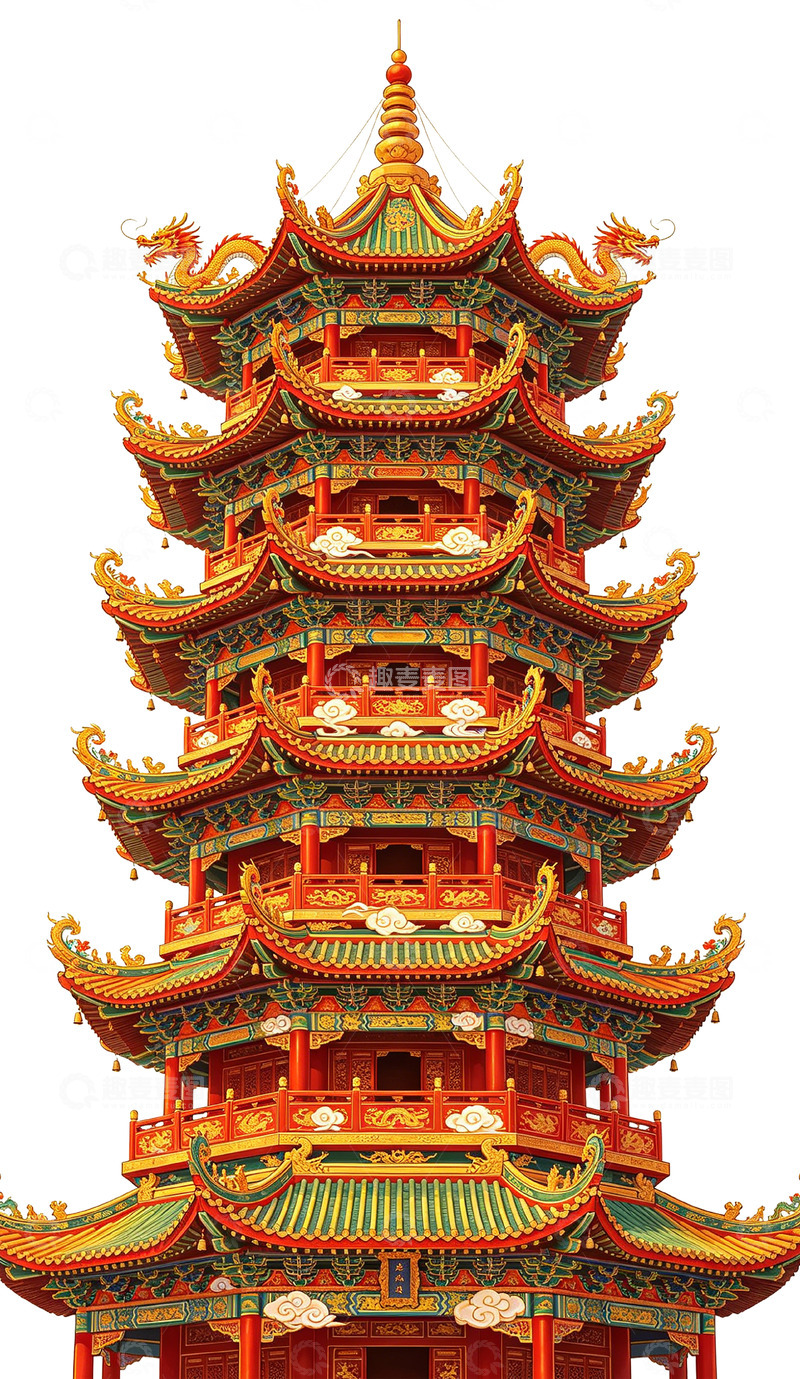 高清大图下载【趣麦麦图】-中国传统塔楼手绘插画