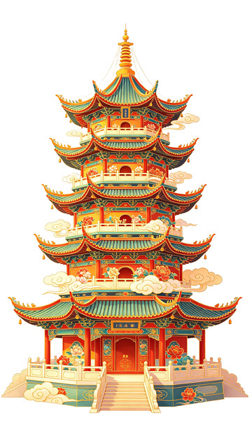 传统中国风多层塔楼插画