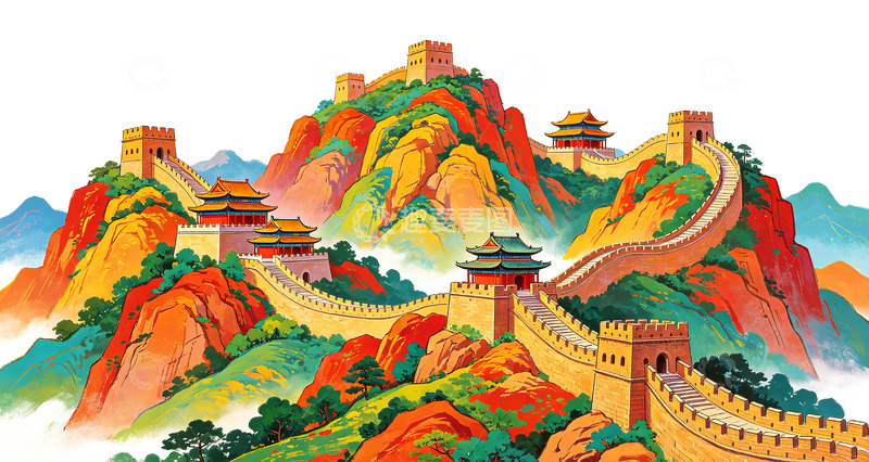 高清大图下载【趣麦麦图】彩色水墨长城风光绘画作品
