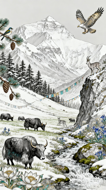 雪山动物风景刺绣图案