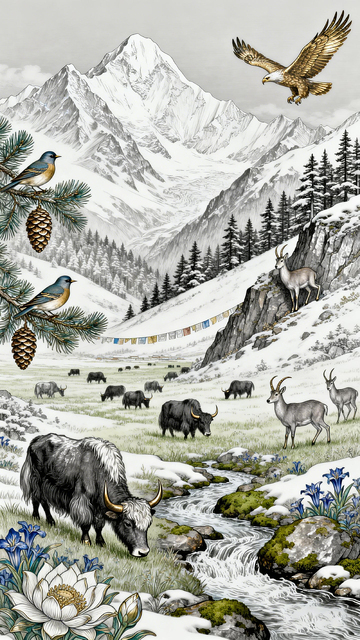 雪山动物风景刺绣图案