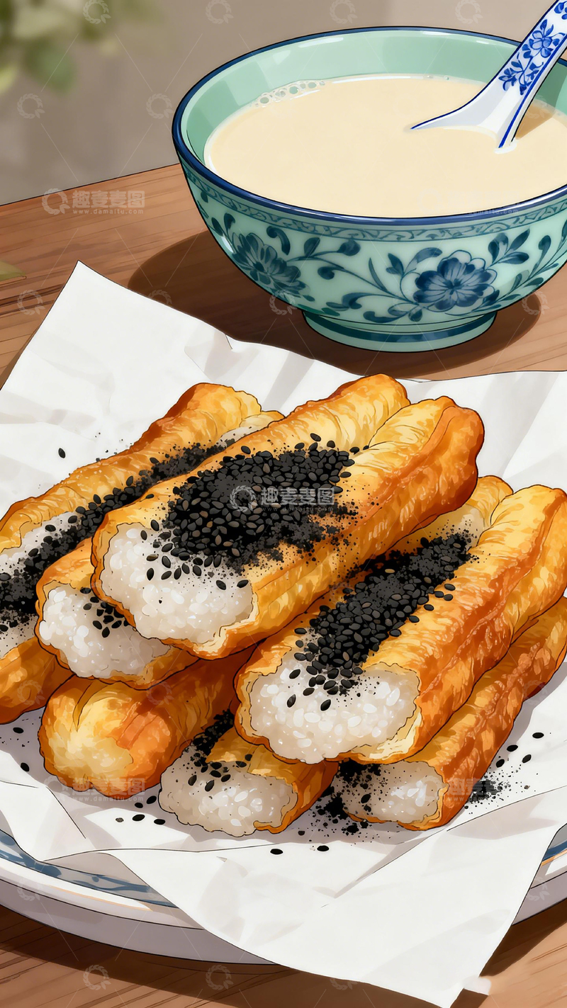 高清大图下载【趣麦麦图】手绘早餐豆浆油条美食插画