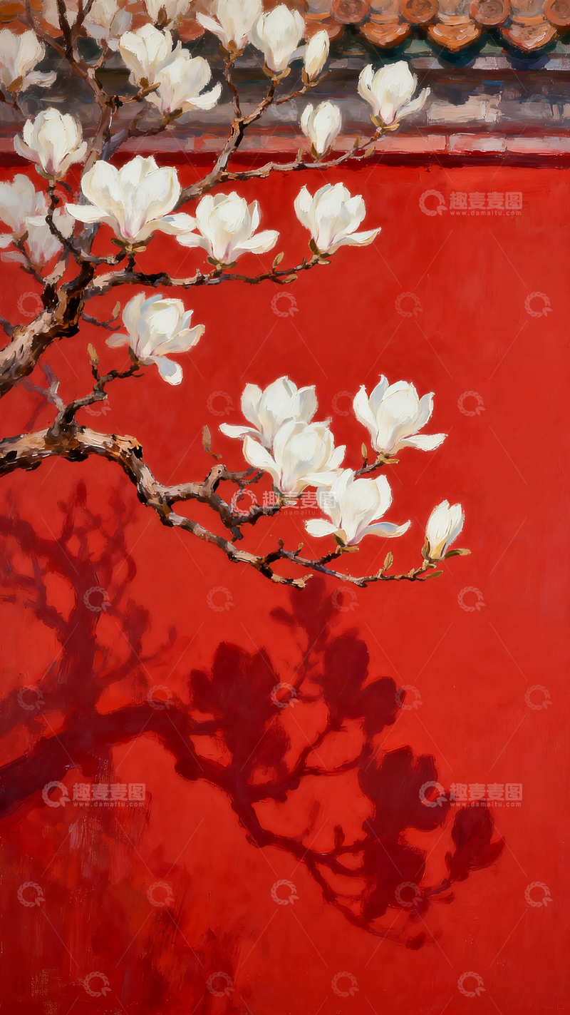 高清大图下载【趣麦麦图】-玉兰红墙国画风格装饰画