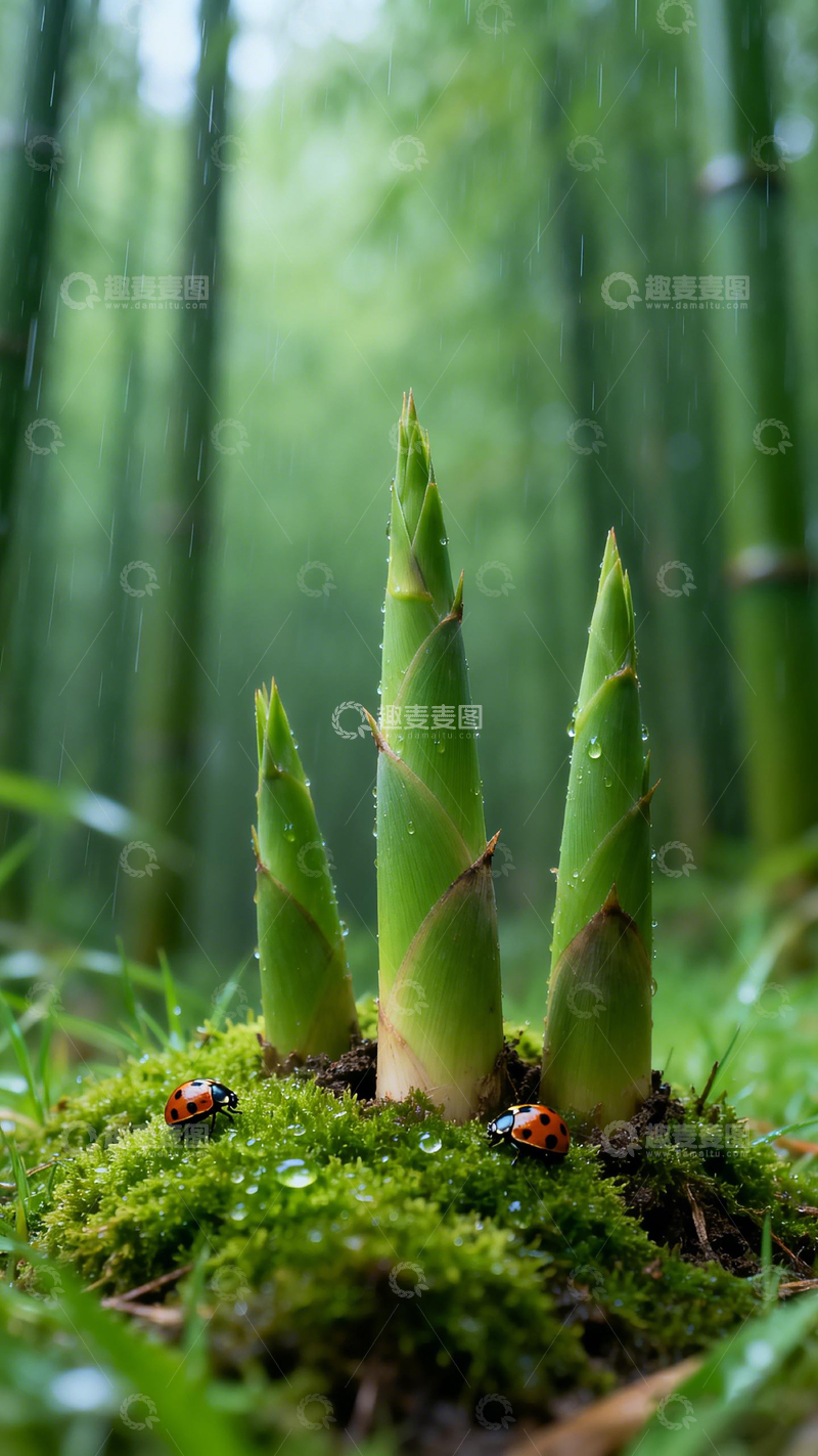 高清大图下载【趣麦麦图】雨中竹林新笋瓢虫