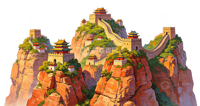 高清大图下载【趣麦麦图】长城山水画手绘插画