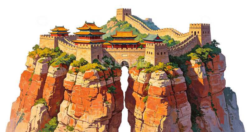 高清大图下载【趣麦麦图】长城古堡山水插画