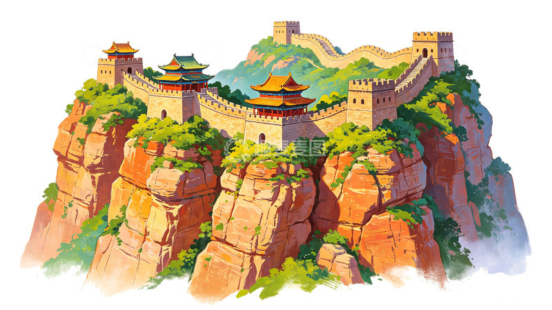 高清大图下载【趣麦麦图】长城山水画插画