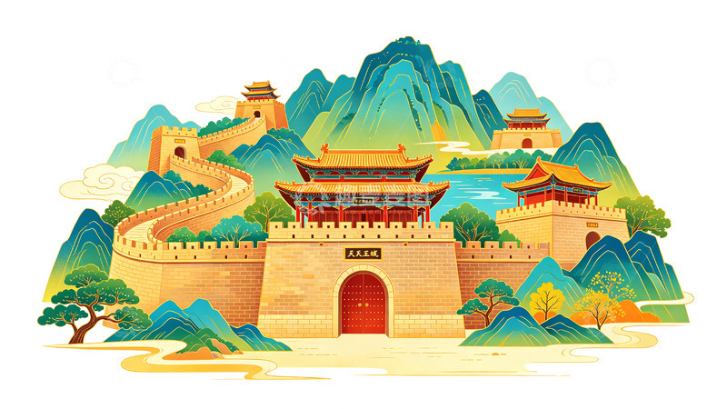 高清大图下载【趣麦麦图】国潮风长城古建筑插画