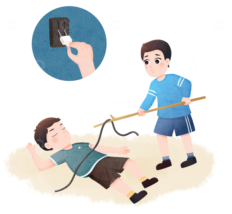 源文件下载【趣麦麦图】正确施救触电倒地者插画