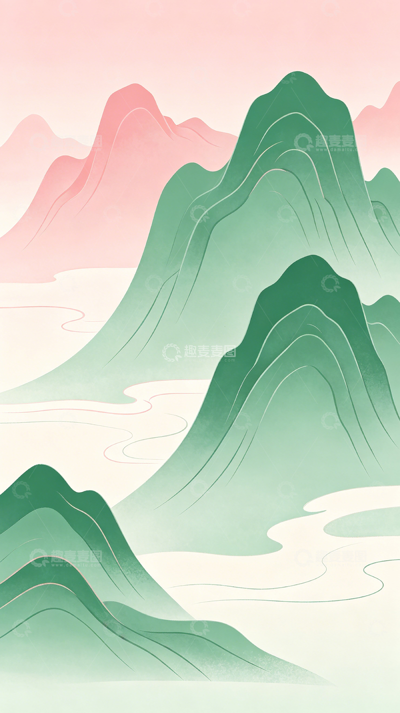 高清大图下载【趣麦麦图】山水插画中国风柔和色调山峦起伏平静氛围