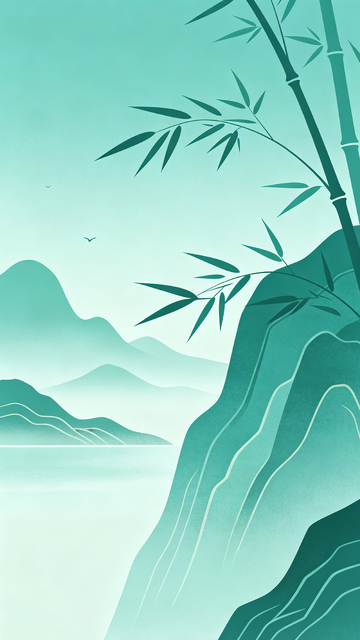 青绿山水竹子风景插画