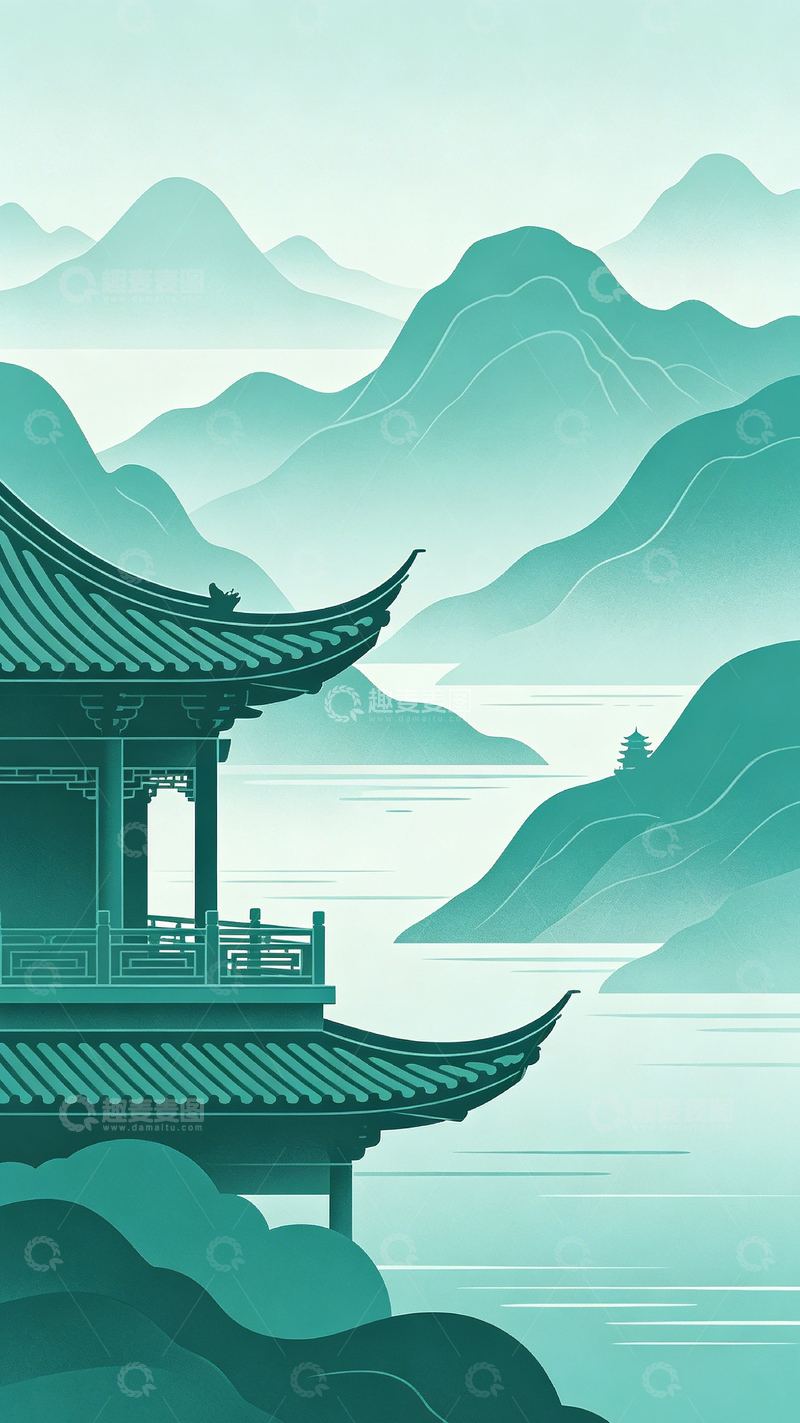 高清大图下载【趣麦麦图】-水墨古风山水建筑插画
