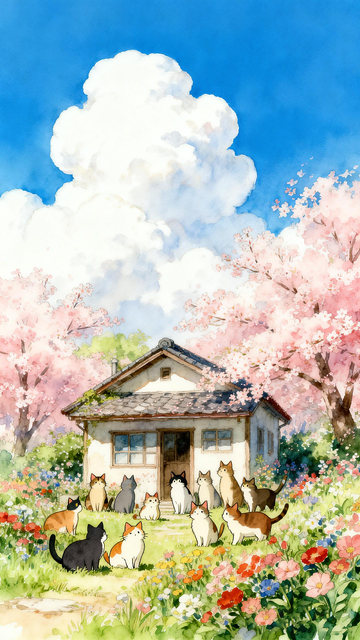 水彩田园猫咪小屋插画