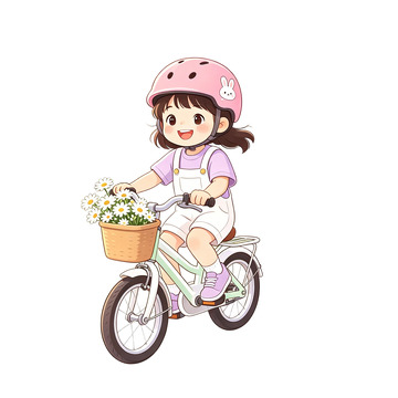 卡通小女孩骑自行车插画元素免扣