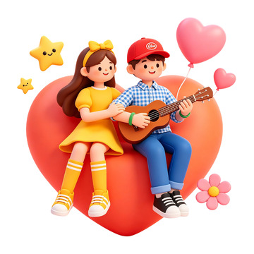 卡通情侣弹吉他爱心场景情人节插画元素