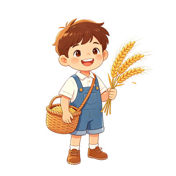 卡通男孩麦穗丰收插画免扣素材