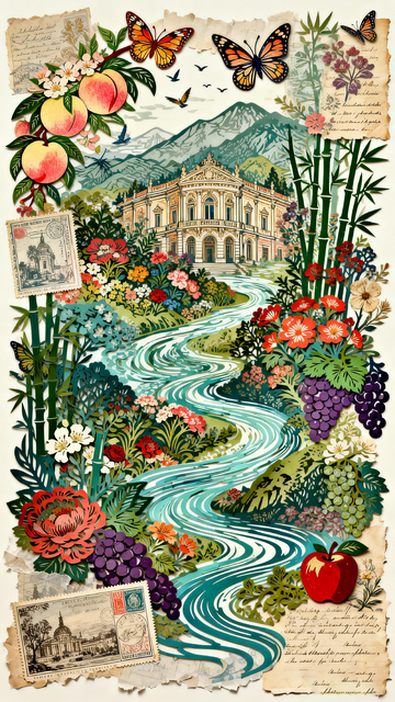 古典风格山水田园艺术插画