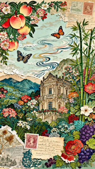 复古风花园风景拼贴画