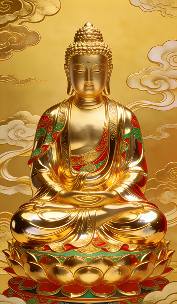 金色佛像云纹背景宗教艺术金属雕塑
