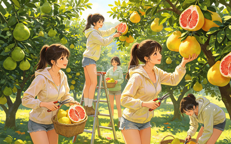 高清大图下载【趣麦麦图】田园风柚子采摘插画素材