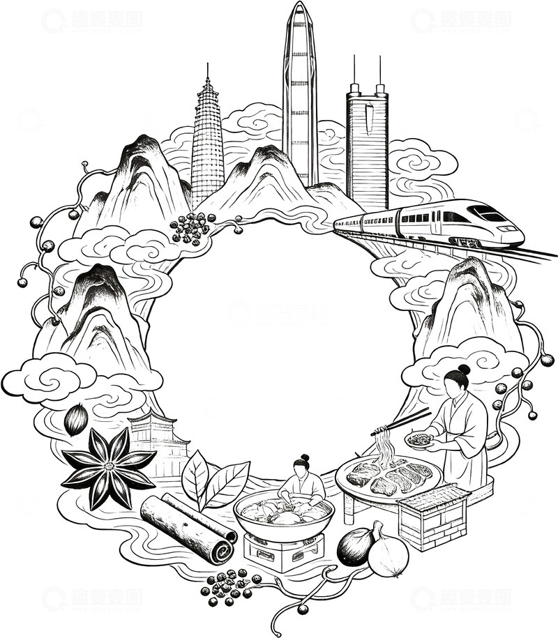 高清大图下载【趣麦麦图】黑白线条深圳建筑组成山水画园圈