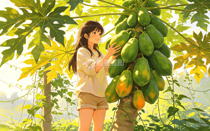 高清大图下载【趣麦麦图】田园风少女摘果插画