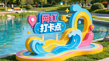 卡通波浪打卡点设计