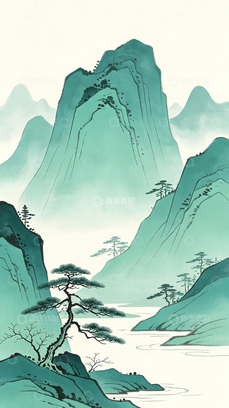 高清大图下载【趣麦麦图】-山水水墨画中国画青绿山林风景