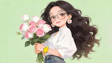卡通风格女性鲜花插画素材壁纸