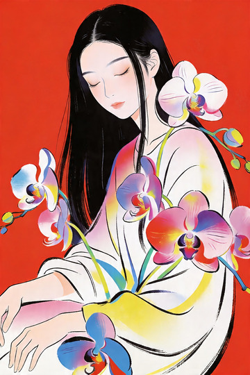 兰花与女孩艺术插画2