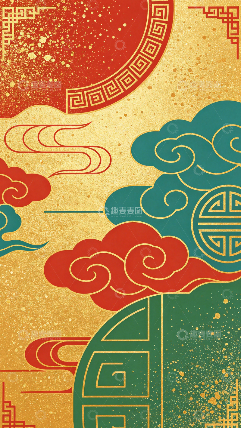 高清大图下载【趣麦麦图】-国潮风祥云图案装饰画