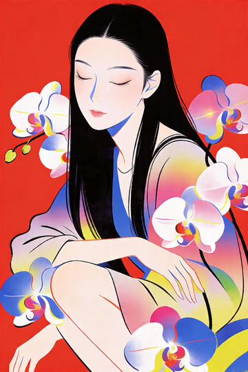 兰花与女孩艺术插画1
