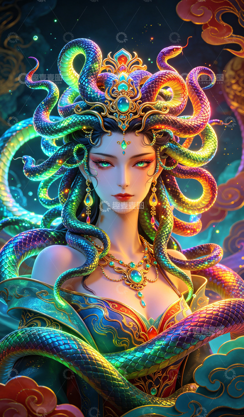 高清大图下载【趣麦麦图】神话风格蛇发女妖艺术插画