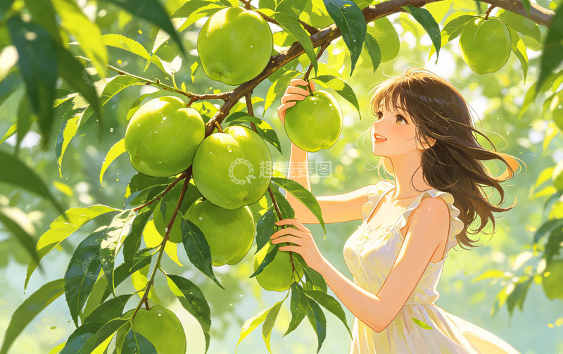 高清大图下载【趣麦麦图】夏日果园采摘青枣插画