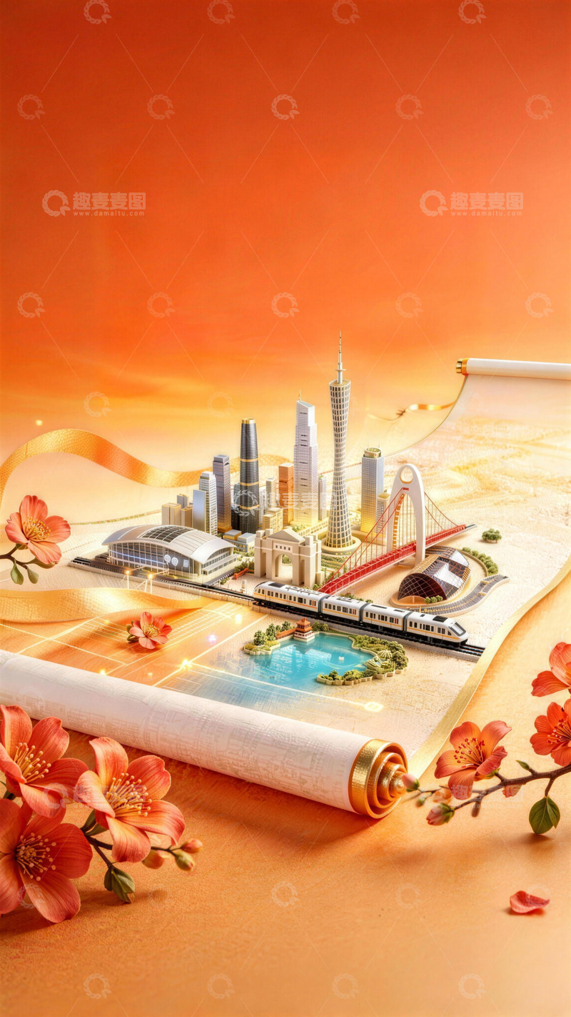高清大图下载【趣麦麦图】-暖色调立体微观广州景观卷轴海报