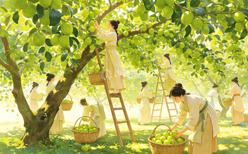 高清大图下载【趣麦麦图】田园风采摘青枣梨子插画