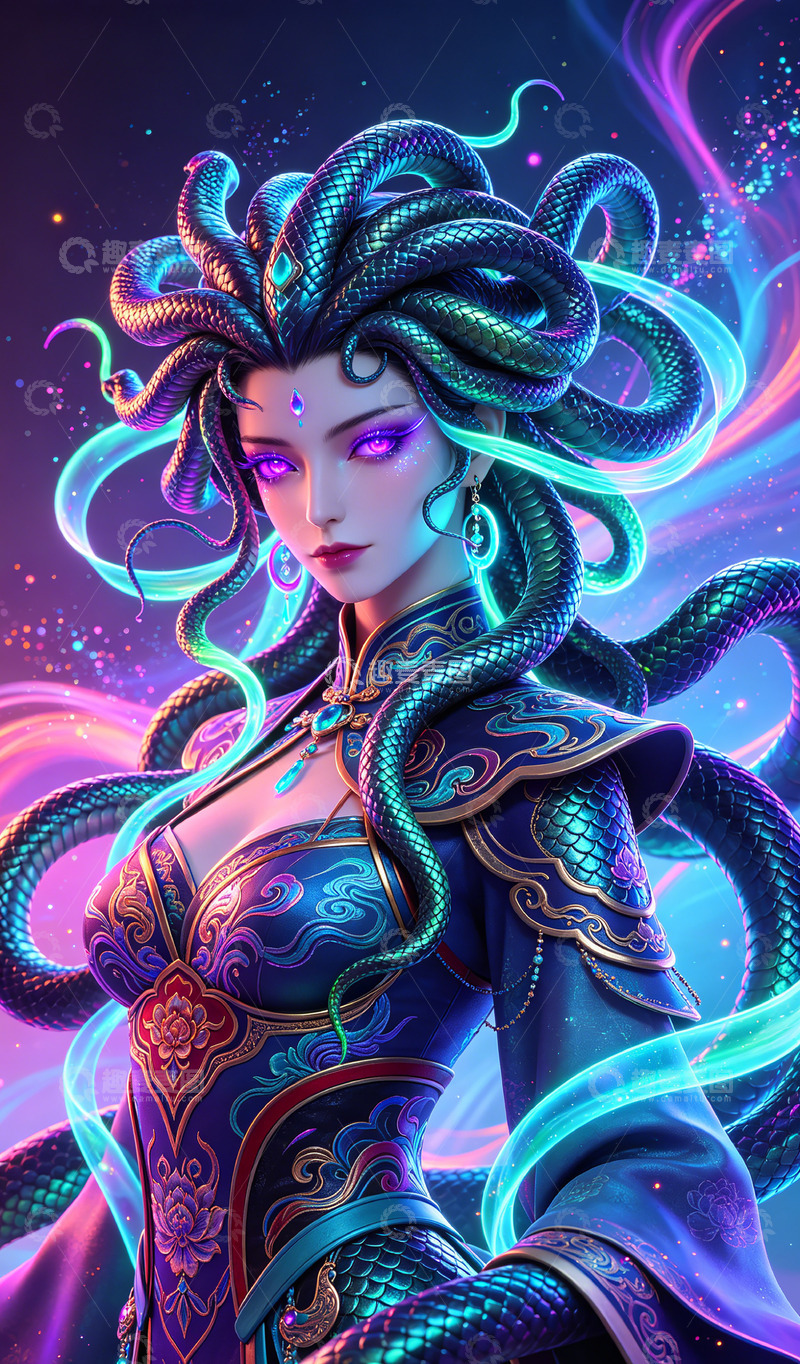 高清大图下载【趣麦麦图】霓虹幻想美杜莎艺术插画