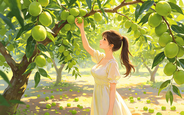 果园少女采摘青枣插画风光