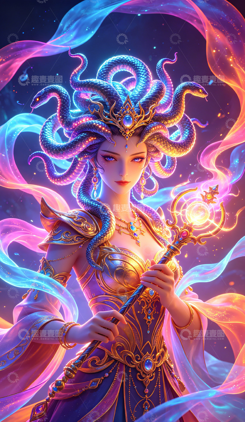 高清大图下载【趣麦麦图】奇幻女神魔法杖插画