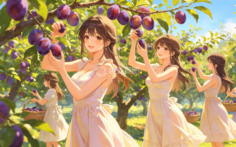 高清大图下载【趣麦麦图】田园风采摘李子少女插画