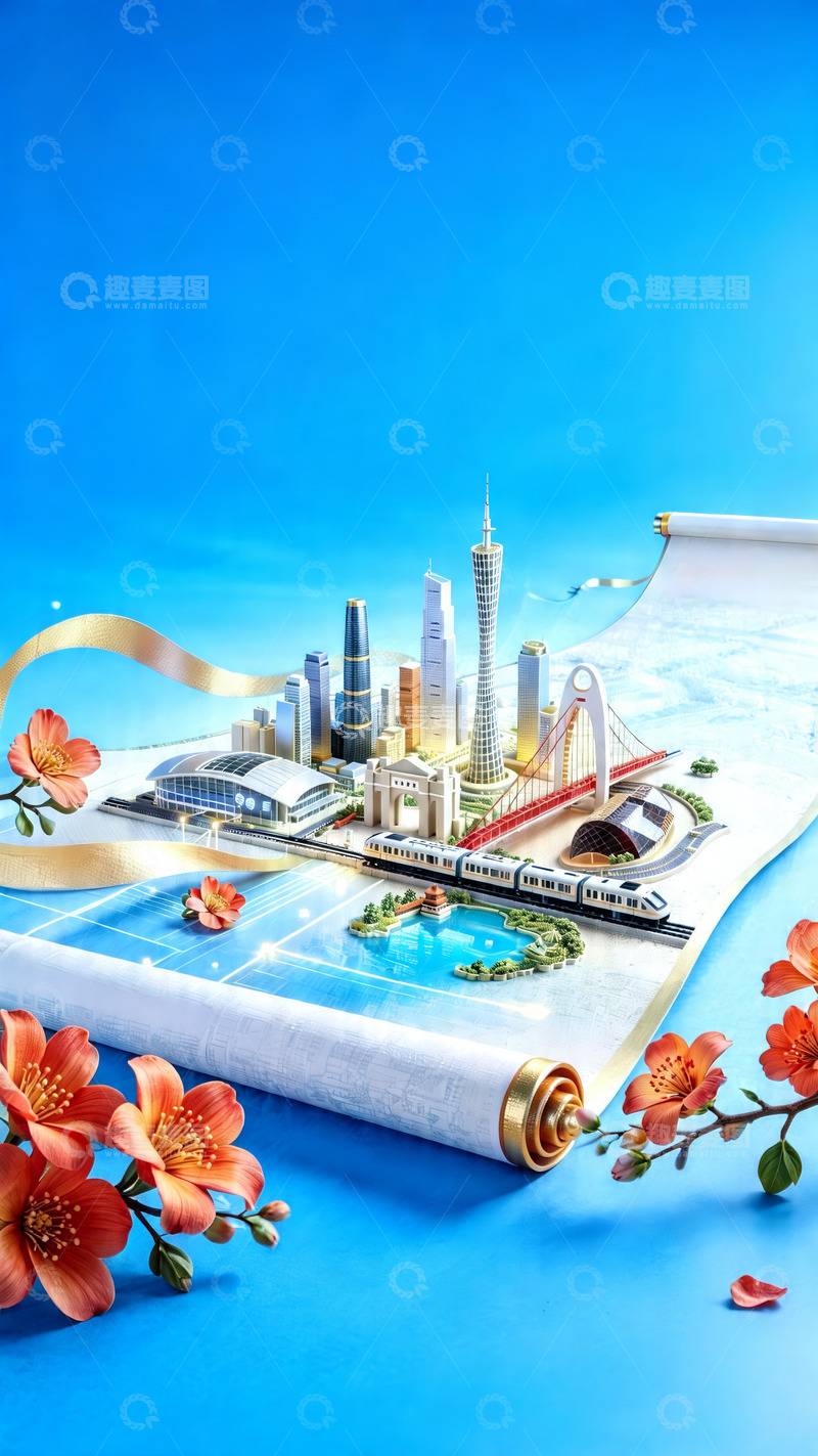 高清大图下载【趣麦麦图】蓝色调立体微观广州景观卷轴海报1