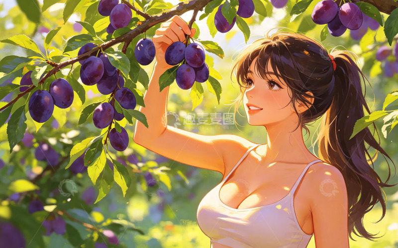 高清大图下载【趣麦麦图】夏日果园采摘李子插画
